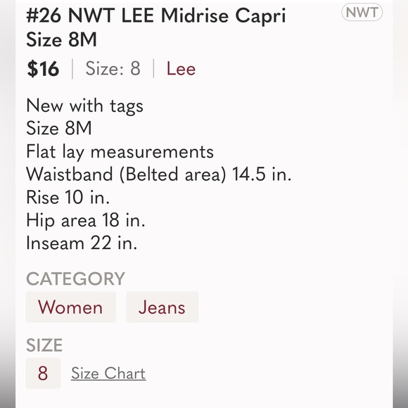 LEE Midrise Capri Size 8M - Picture 4 of 7